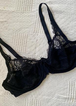 Черный кружевной бюстгальтер на косточках без пуш ап сетка ажурный 36c 80c