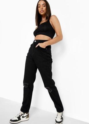 👖 джинси boohoo (нові) — жіночі, прямі, потерті, висока талія | чорний | розмір l (uk 16 / w31)