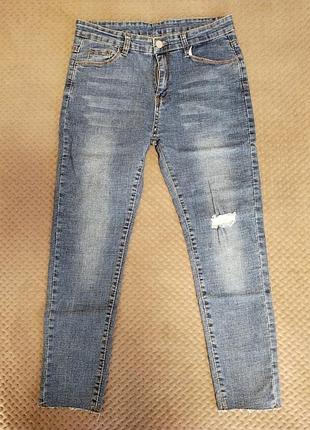 👖 джинсы shein (новые) - женские, синие, с потертостями | синий и белый | размер s (26)