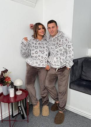 Теплая плюшевая пижама унисекс с кофтой с принтом звезды с капюшоном с брюками низ на резинке