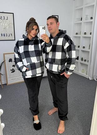 Теплая плюшевая пижама унисекс с кофтой в клетку с капюшоном с брюками низ на резинке