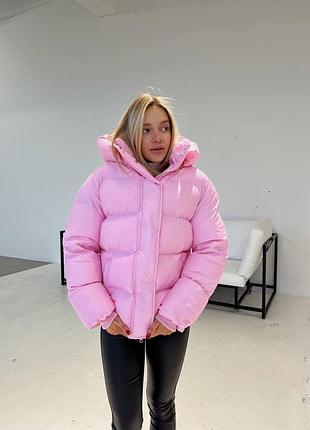 Жіночий теплий якісний пуховик з капюшоном біо пух рожевий чорний шоколадний синій молочний сірий вишневий бежевий лаковий матовий