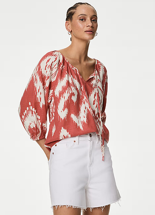 Блузка блуза в принт ✨m&s✨ рубашка из льняной ткани с принтом и завязкой на шее смесь лён вискоза