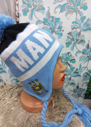 Мужская трикотажная на флисе шапка с помпоном голубая new era