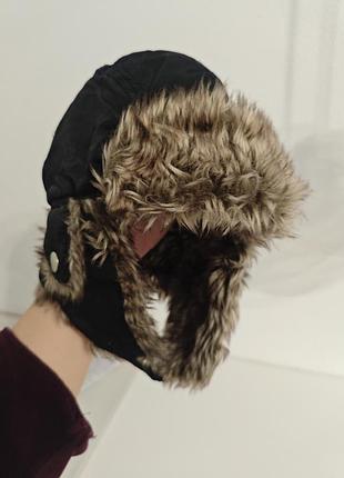 Шапка ушанка h&amp;m черная детская теплая с бежевым мехом 7-8 лет 122/128