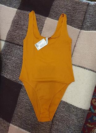 Боди, комбидресс горчичного цвета, h&amp;m, размер s, новый, 56% хлопок, в рубчик