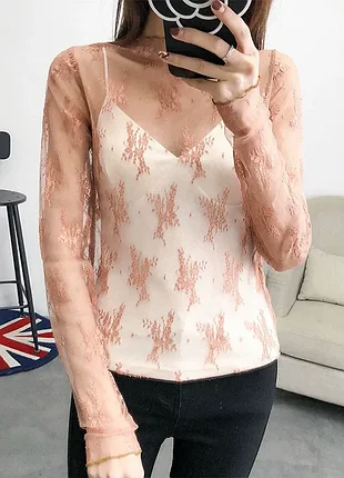Прозрачная блуза гольф кофтина с узором розовая 30/022