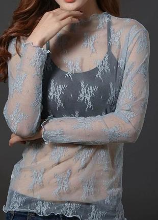 Прозрачная блуза гольф кофтина с узором серая 30/022