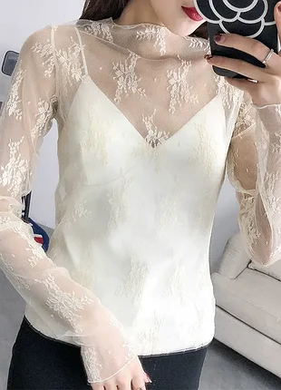 Прозрачная блуза гольф кофтина с узором молочная 30/022