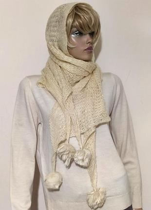 Эксклюзивный шерстяной палантин паутинка с бубонами ручная работа /4718/n