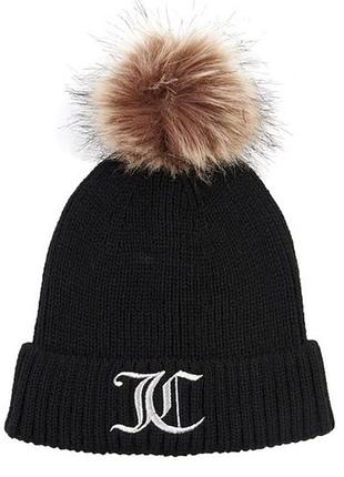 Чорна в'язана шапка-біні juicy couture з помпоном і вишитим логотипом jc