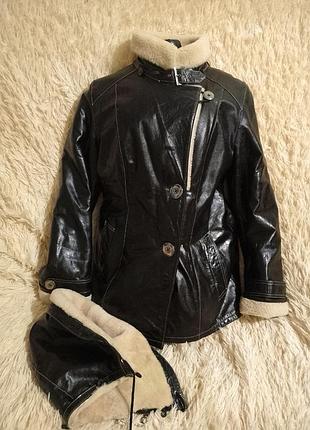 Женская натуральная лаковая дубленка капюшоном дубленка кожа лак куртка зимняя на овчине авиатор дубленка жеncкая