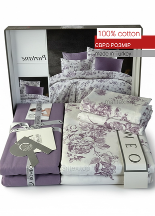Постельное белье, евро размер, поплин (100% хлопок). туречки. постель сиреневый, белый с цветами. качественная постель на подарок