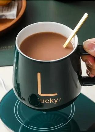 Чашка керамическая темно-зеленая с подставкой - подогревателем и ложечкой в упаковке-пакете