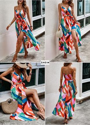Разноцветное платье миди на бретелях с поясом и разрезом на ноге shein