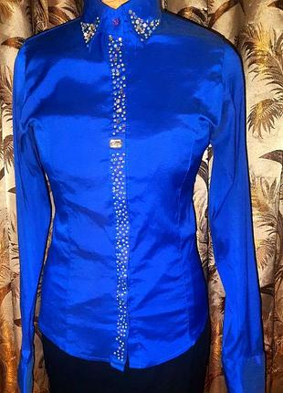 Офисная рубашка / блуза женская стрейчевая lady elite синего цвета со стразами