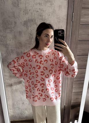 Светр рожевий осінь-зима-демісезон леопард принт one size s-m-l широкий оверсайз