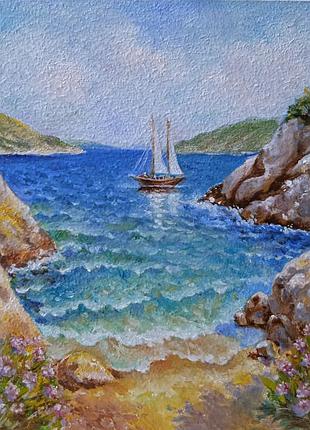 Миниатюра/картина маслом "парусник в бухте".