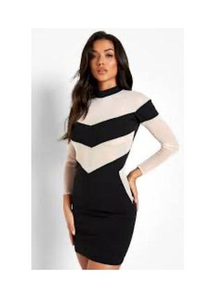 Стильное модное актуальное черное платье со вставками из сетки