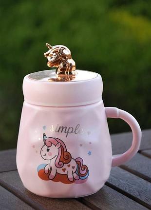 Керамическая чашка с термокрышкой "единорог", 450 мл