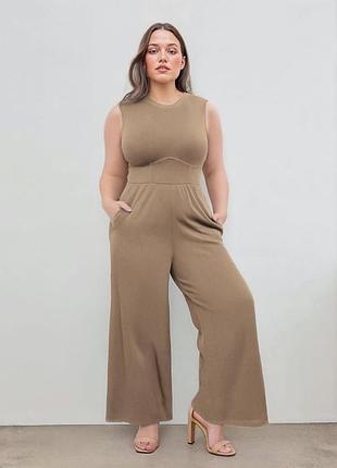 Жіночий комбенізон з широкими штанами в рубчик 🤍🤎