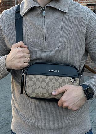 Мужская кожаная сумка кросс-боди coach graham crossbody in signature canvas sand