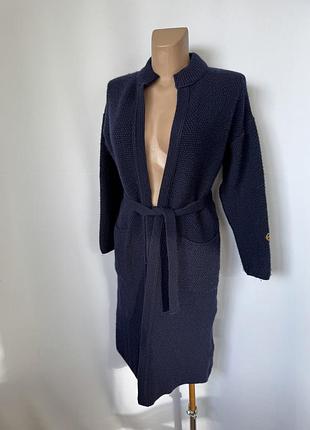 Теплая синяя шерстяная кофта кардиган винтаж удлиненная с поясом ретро франция