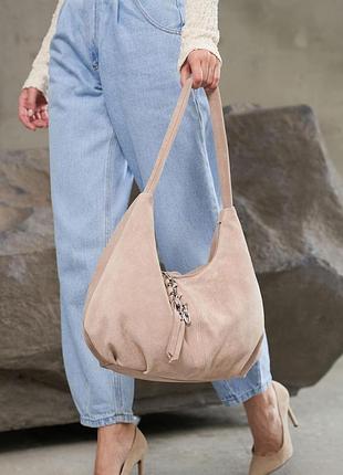 Женская кожаная сумка «монга» бежевая