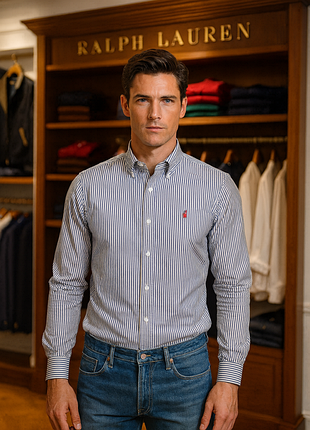 Рубашка мужская ralph lauren, синяя, размер s, 100% хлопок