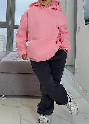 Зимний теплый спортивный костюм детский для девочки из плотного футер пенье трехнитки с начесом 74-158 розовый+графит