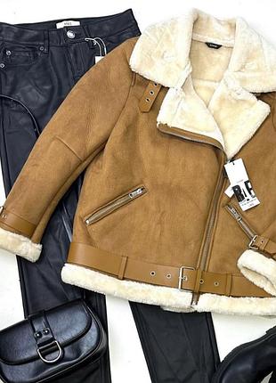 Светло коричневая кожаная дубленка авиатор с поясом