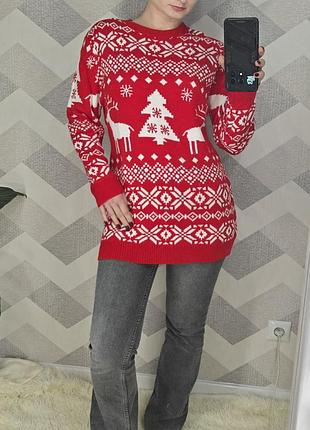 Женский красный новогодний удлиненный свитер туника с оленями