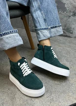 Зелені замшеві черевики лофери kris натуральна замша шкіра замш демі