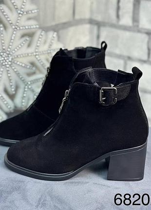 Короткі жіночі ботильйони на низькому каблуку натуральна шкіра замш зима