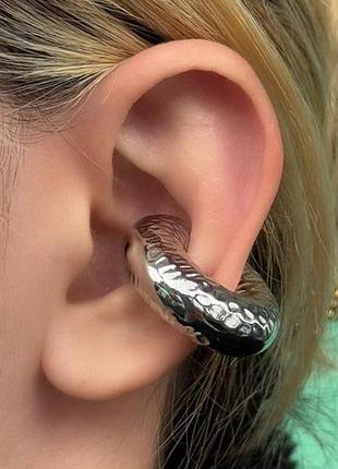 Акцентна сережка кафа без проколу на хрящ обманка кафф сріблястий