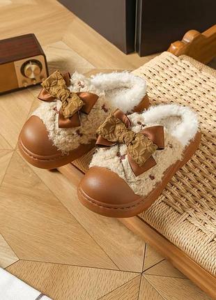 Тапочки женские 36р с бантиком тапочки коричневые комнатные тапули женские мужские закрытые теплые подарок девушке толстая подошва