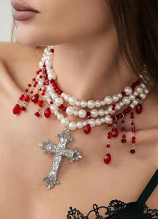 Кольє багатошарове з хрестом намисто багатошарове штучні перли буси кулон підвіска хрест хрестик готика панк
