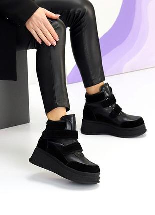 Женские кожаные замшевые черные ботинки зимние ботинки теплые на меху натуральная кожа замша