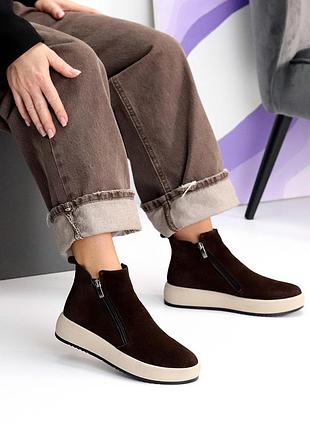 Женские замшевые коричневые ботинки зимние ботинки теплые на меху натуральная замша зима
