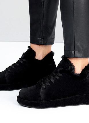 Замшевые женские черные кеды зимние кроссовки теплые на меху натуральный мех натуральная замша