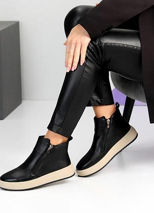 Практичные кожаные женские черные ботинки зимние ботинки теплые на меху натуральная кожа зима
