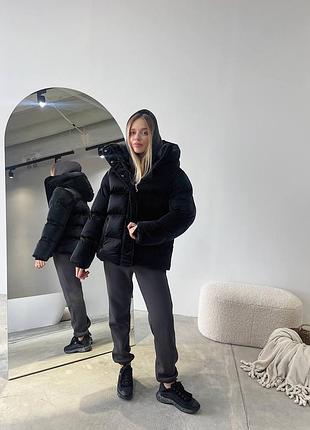 Теплий жіночий пуховик з капюшоном біо пух чорний молочний коричневий синій рожевий бежевий бордовий