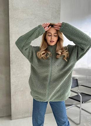 Жіноча тепла кофта на блискавці тедді олива мод.1818