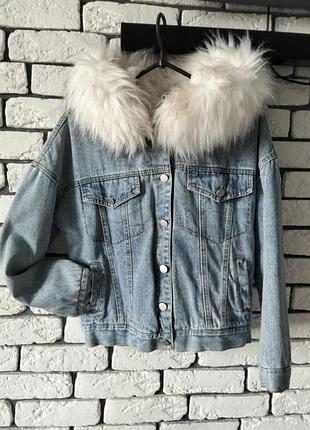 Джинсова куртка для жінок у синьому кольорі з підкладкою, на хутрі