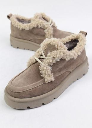 Бежеві замшеві жіночі зимові черевики короткі на платформі на шнурках