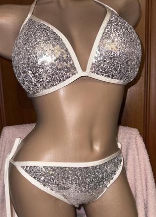 Якісний роздільний lipsy купальник в паєтки сірий блискучий