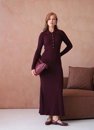 52% вискоза турецкое трикотажное вязаное платье макси в рубчик поло на пуговицах с воротничком