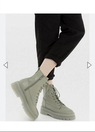 Ботинки эко кожа, хаки цвета на тракторные подошвы 37р 24см подошва, красивые ботинки stradivarius, осенние ботиночки