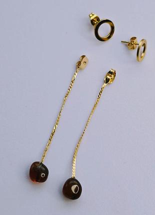 Серьги minov 3415 пусеты кольцо с натуральным янтарем
