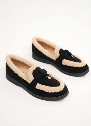 Утепленные женские лоферы, эко замша, деми, 36-41, черный
